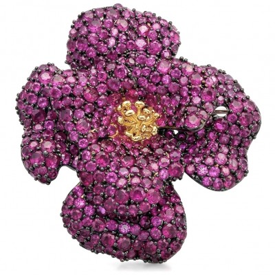 Black Label Collection - Retro Style - Rose Genuine 40.5 carat Ruby 2 tones .925 Sterling Silver dipped in black rhodium handmade Pendant - Brooch