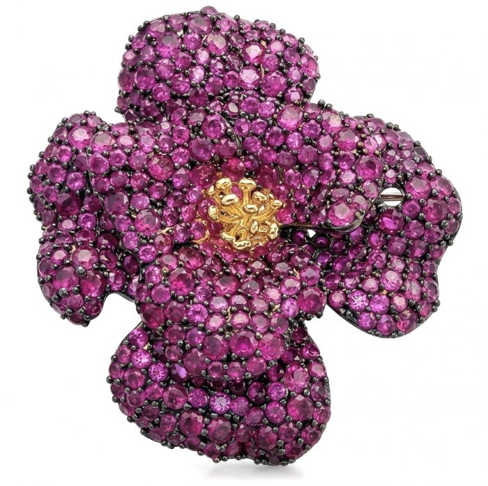 Black Label Collection - Retro Style - Rose Genuine 40.5 carat Ruby 2 tones .925 Sterling Silver dipped in black rhodium handmade Pendant - Brooch - video