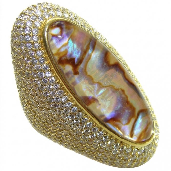 Large Genuine Rainbow Abalone lab. grown Diamond 18K Gold over .925 Sterling Silver handcrafted Large ring; s. 7 - video