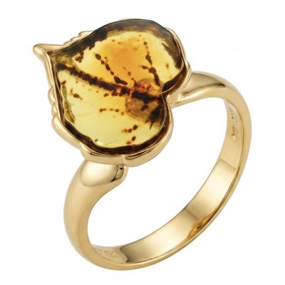 Golden Leaf Authentic Golden carved Baltic Amber .925 Sterling Silver entirely handcrafted ring; s. 8 adjustable