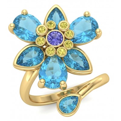 Spinning flower 6.5 carat genuine Blue Topaz 14K Gold over .925 Sterling Silver handmade Statement Ring size 7