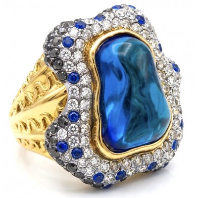 Blue Rhapsody - 18.5 carat natural Swiss Blue Topaz .925 Sterling Silver dipped in 22K Gold handcrafted Large Statement Ring size 7 1/2