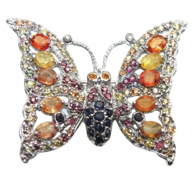 Butterfly authentic 9.8 carat multicolor Sapphire .925 Sterling Silver handmade Pendant Brooch