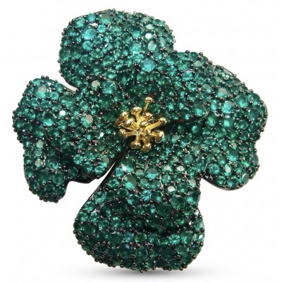 Retro Style - Precious Rose Genuine 22.5 carat Colombian Emerald black rhodium over .925 Sterling Silver handmade Pendant - Brooch