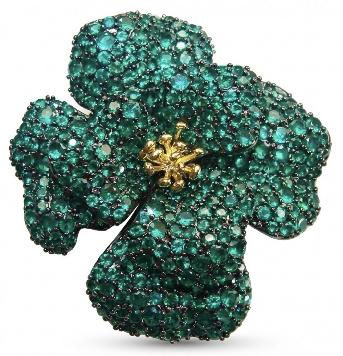 Retro Style - Precious Rose Genuine 22.5 carat Colombian Emerald black rhodium over .925 Sterling Silver handmade Pendant - Brooch