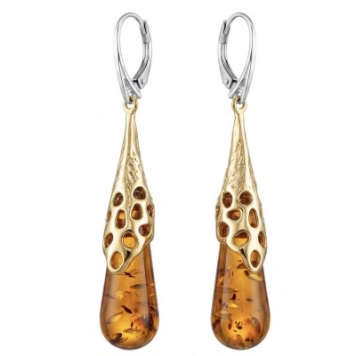 Very Special product - Wonderful natural Baltic Amber 2 tones .925 Sterling Silver entirely handcrafted earrings