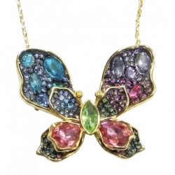 Precious Colorful Butterfly14.2 carat natural Topaz 14K Gold over .925 Sterling Silver Necklace - Brooch