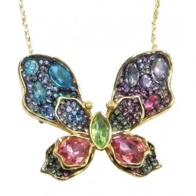 Precious Colorful Butterfly14.2 carat natural Topaz 14K Gold over .925 Sterling Silver Necklace - Brooch