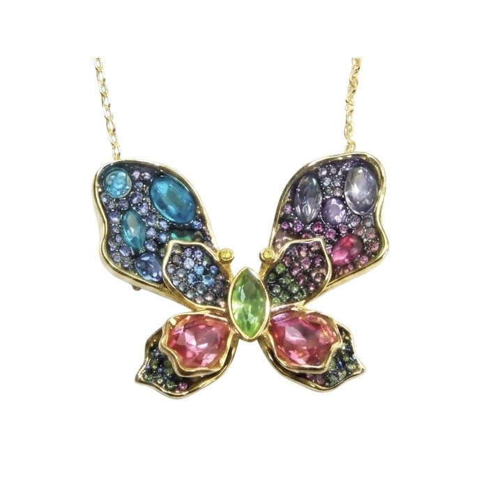 Precious Colorful Butterfly14.2 carat natural Topaz 14K Gold over .925 Sterling Silver Necklace - Brooch