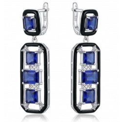 Art Deco 11.5 carat Sapphire black enamel .925 Sterling Silver handcrafted earrings