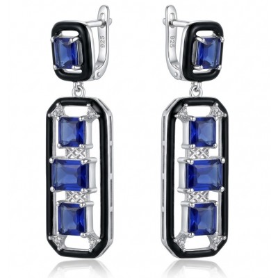 Art Deco 11.5 carat Sapphire black enamel .925 Sterling Silver handcrafted earrings