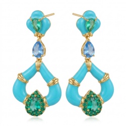 Art Deco 4.8 carat Aquamarine Turquoise enamel 14K Gold over .925 Sterling Silver Handcrafted Statement earrings