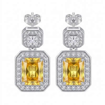 Art Deco - Luxurious baquette cut 8.5 carat Yellow Sapphire rhodium over .925 Sterling Silver handcrafted earrings