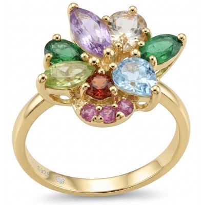 Flower 5.8 carat Multigem 18K Gold over .925 Sterling Silver Handcrafted Ring size 7