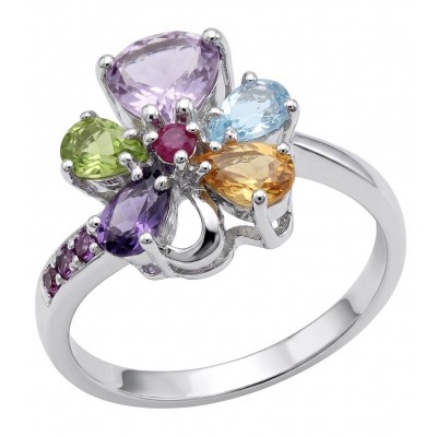 Flower 6.8 carat Multigem rhodium over .925 Sterling Silver Handcrafted Ring size 9