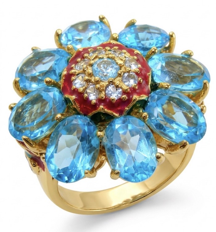 Enchanted Flower 25.3 carat Swiss Blue Topaz .925 Sterling Silver dipped in 22K Gold handcrafted ring size 7 1/4