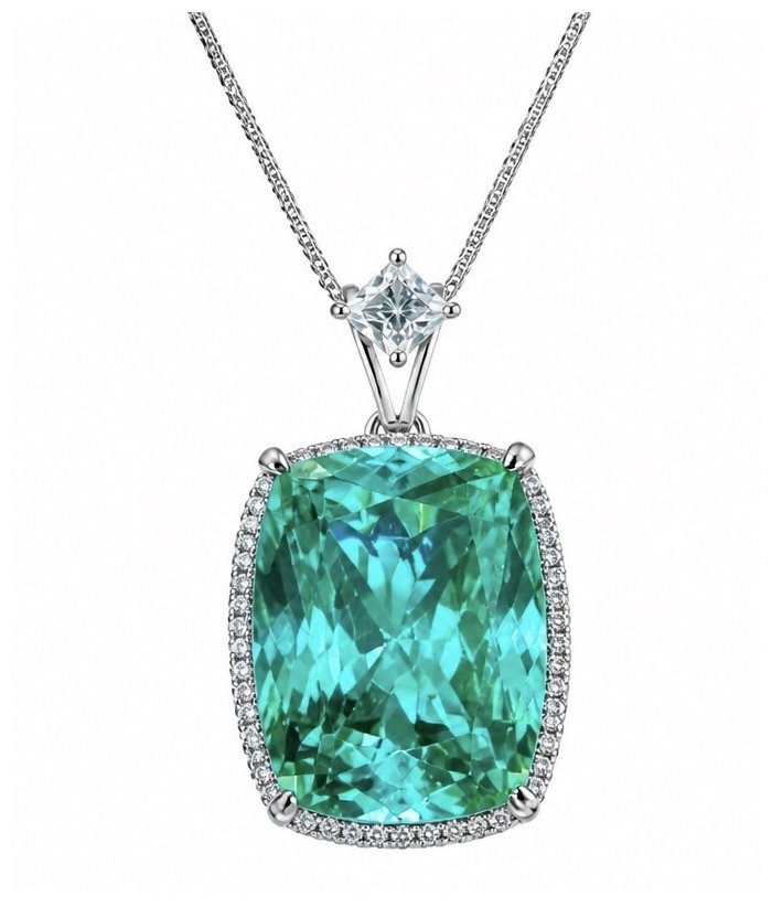 Brazilian's Briliance - emerald cut 31.7 carat Paraiba Tourmaline .925 Sterling Silver handcrafted necklace - video
