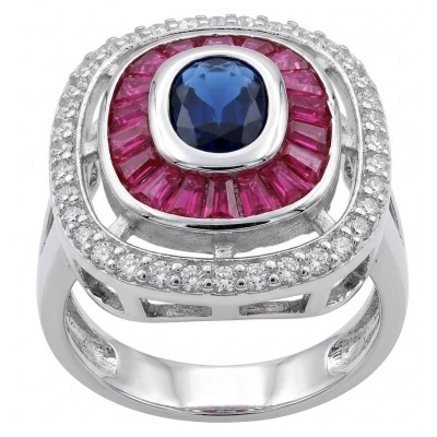Art Deco 8.6 ctw Sapphire Emerald .925 Sterling Silver handcrafted Statement Ring size 7 1/2