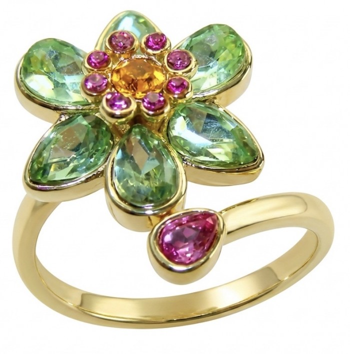Summer flower 6.5 carat genuine Green Topaz 14K Gold over .925 Sterling Silver handmade Statement Ring size 8