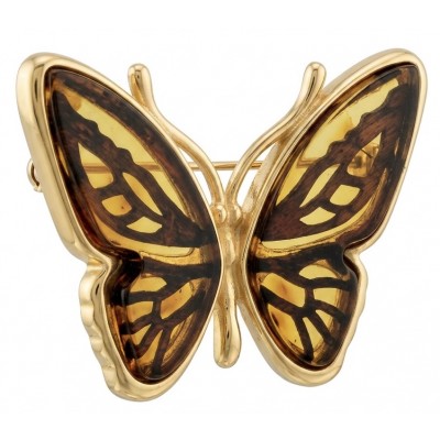 Golden Butterfly natural carved Baltic Amber .925 Sterling Silver dipped in 22K Real Gold handmade Pendant