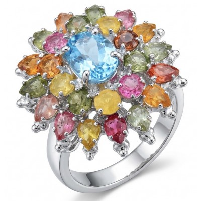 Fiesta 11.8 carat Swiss Blue Topaz .925 Sterling Silver dipped in rhodium handcrafted ring size 7 3/4