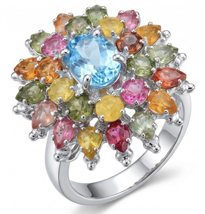 Fiesta 11.8 carat Swiss Blue Topaz .925 Sterling Silver dipped in rhodium handcrafted ring size 7 3/4