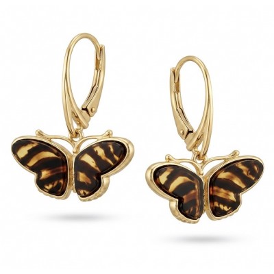 Butterflies carved Baltic Polish Amber 14K Gold over .925 Sterling Silver earrings