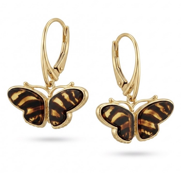 Butterflies carved Baltic Polish Amber 14K Gold over .925 Sterling Silver earrings