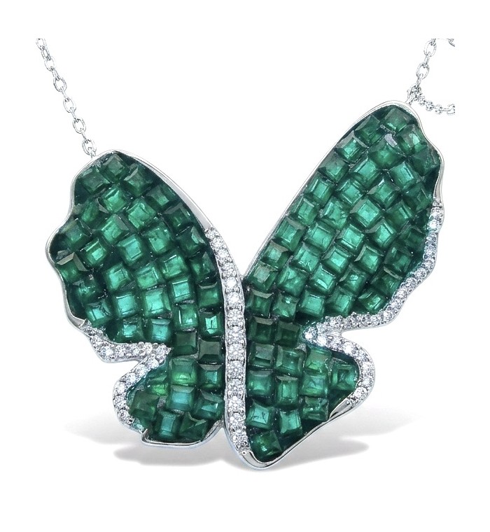 Precious Butterfly authentic 22.9 carat Colombian Emerald .925 Sterling Silver handcrafted Statement necklace