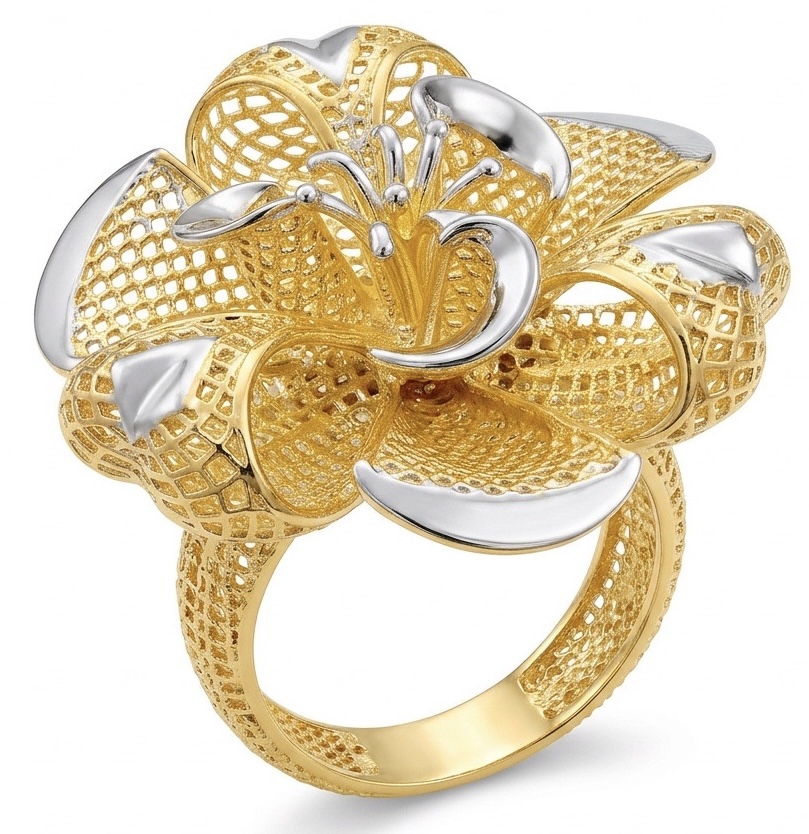 Rose Flower Ring 22K Gold Over 925 Sterling Silver Size 6.25 Handmade
