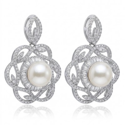 BLOOMING FLOWERS Genuine Pearl 0.2 CARAT lab grown Diamond rhodium over .925 Sterling Silver handcrafted Statement Earrings