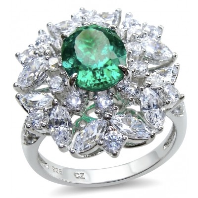 Elizabeth oval cut 4.8 carat Colombian Emerald 11.2 carat Moissanite .925 Sterling Silver dipped in Rhodium handcrafted Ring size 8