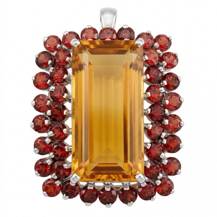 Giovanna baquette cut 38.2 carat Golden Topaz rhodium over .925 Sterling Silver handmade Pendant - Brooch