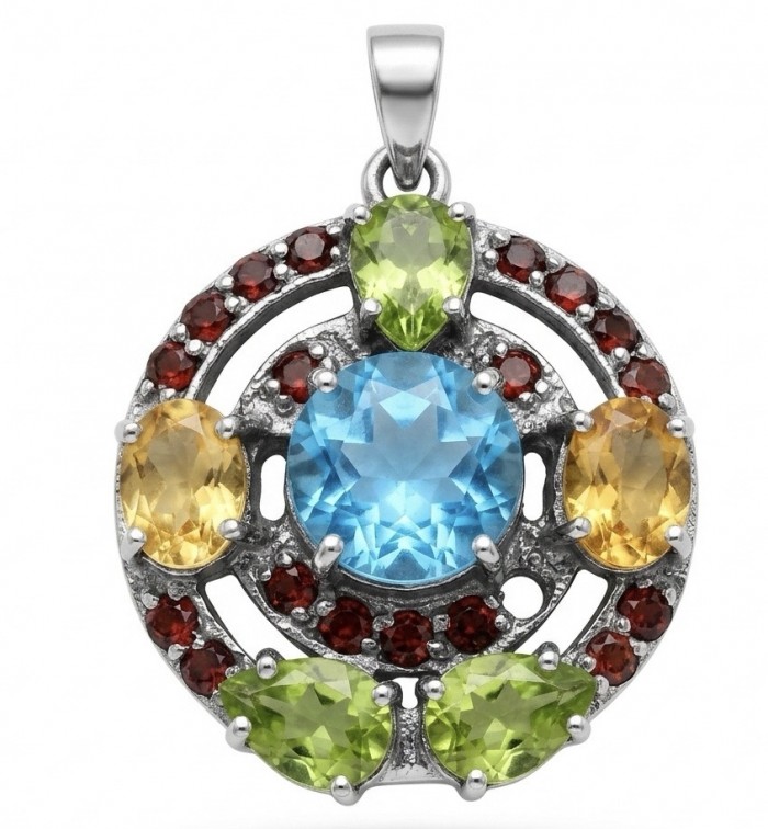 Colors of the Earth Precious 24.5 carat Multigem .925 Sterling Silver dipped in black rhodium Pendant