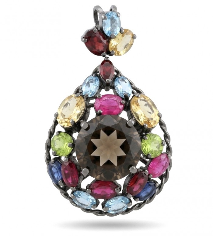 Conqueror Authentic 9.5 carat carved 10.8 CARAT Smoky Topaz black rhodium over .925 Sterling Silver handmade Statement Pendant