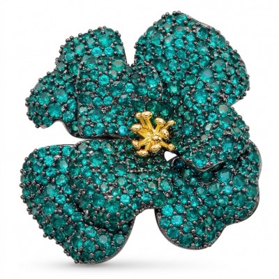 Retro Style - Precious Rose Genuine 24.2 carat Colombian Emerald black rhodium over .925 Sterling Silver handmade Pendant - Brooch