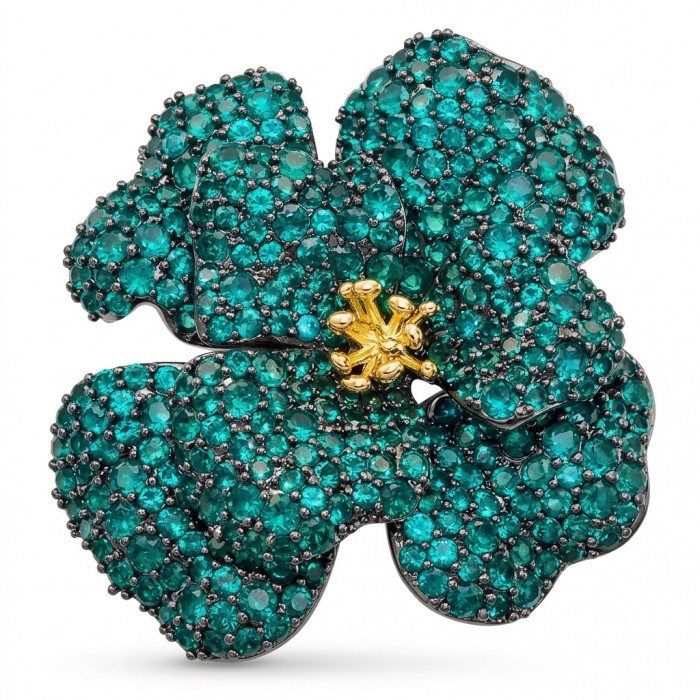 Retro Style - Precious Rose Genuine 24.2 carat Colombian Emerald black rhodium over .925 Sterling Silver handmade Pendant - Brooch