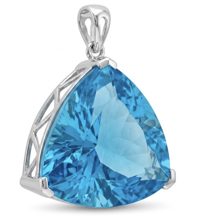 Trillion cut 28.5 carat Vintage style Swiss Blue Topaz .925 Sterling Silver DIPPED IN RHODIUM handmade Pendant