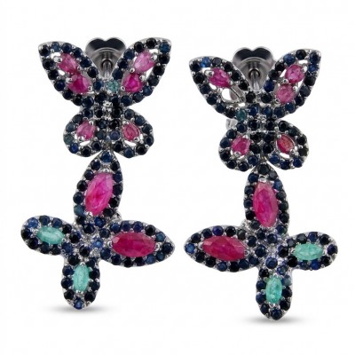RARE BEAUTY! Valentina 28.2 carat Ruby Emerald Sapphire .925 Sterling Silver dipped in rhodium Statement handcrafted earrings