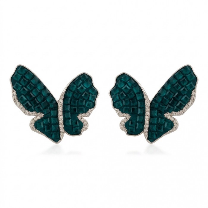 Incredible Butterflies genuine mystery setting 15.5 CARAT Emerald .925 Sterling Silver handcrafted Earrings