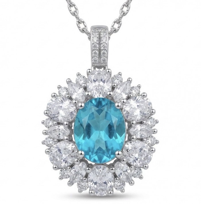 Wonderland 6.2 carat fancy oval cut Paraiba Tourmaline .925 Sterling Silver Handcrafted Statement necklace