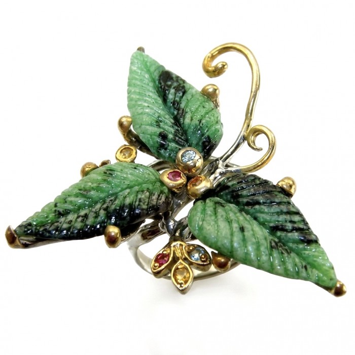 Real Art! Large Exotic Flower authentic carved Ruby In Zoisite 2 tones .925 Sterling Silver Ring s. 8 1/4
