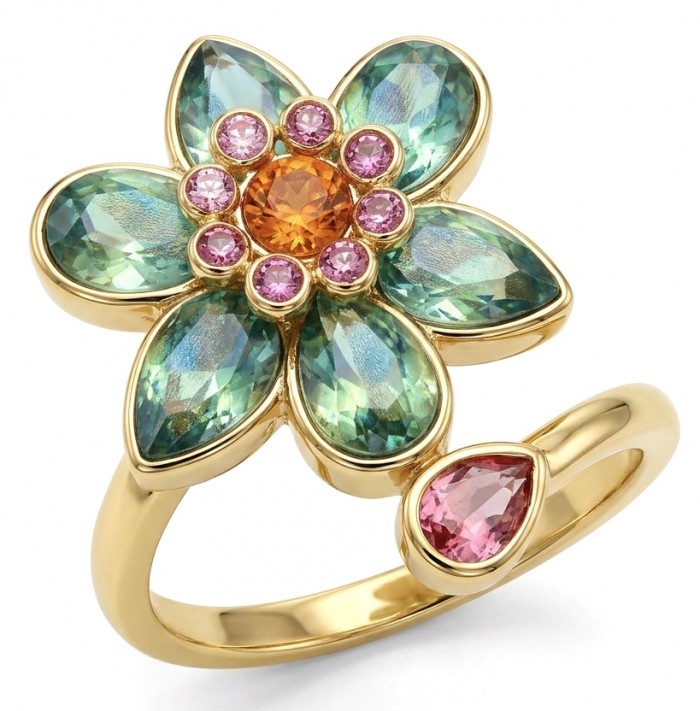 Summer flower 6.5 carat genuine Green Topaz 14K Gold over .925 Sterling Silver handmade Statement Ring size 8 1/4