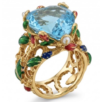 Blue Heart Natural fancy cut 11.8 carat Swiss Blue Topaz Enamel .925 Sterling Silver dipped in 22K Gold handmade Statement Ring size 6