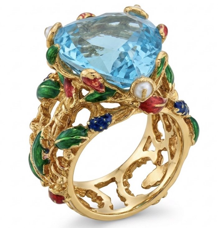 Blue Heart Natural fancy cut 11.8 carat Swiss Blue Topaz Enamel .925 Sterling Silver dipped in 22K Gold handmade Statement Ring size 6 - video