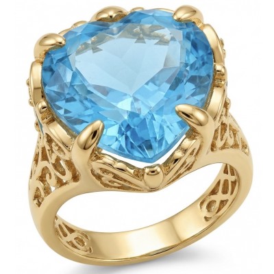 Blue Angel's Heart Natural heart cut 12.2 carat Swiss Blue Topaz Enamel .925 Sterling Silver dipped in 22K Gold handmade Statement Ring size 7