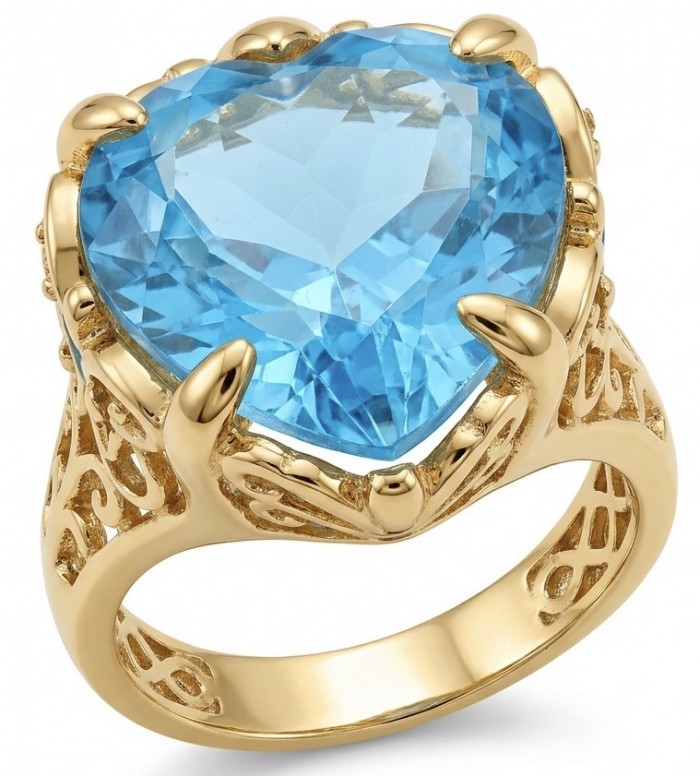 Blue Angel's Heart Natural heart cut 12.2 carat Swiss Blue Topaz Enamel .925 Sterling Silver dipped in 22K Gold handmade Statement Ring size 7