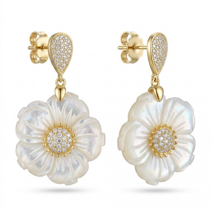 BLOOMING FLOWERS Genuine Blister Pearl 0.2 CARAT lab grown Diamond 18K Gold over .925 Sterling Silver handcrafted Statement Earrings