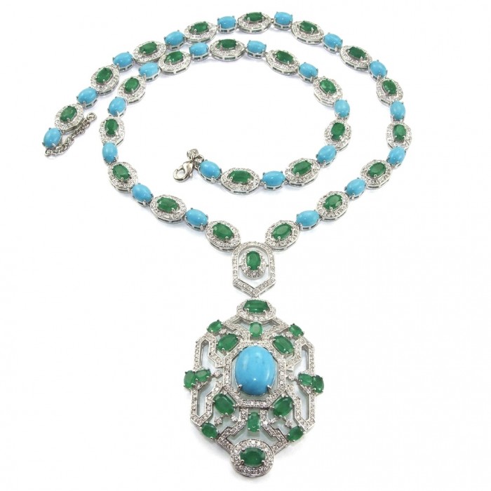 Art Deco - Pacifica - 98.4 carat Turquoise Emerald .925 Sterling Silver handmade Statement necklace; 22 inches long