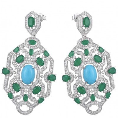 Art Deco - Pacifica - 58.8 carat Turquoise Emerald .925 Sterling Silver handmade Statement LONG Earrings